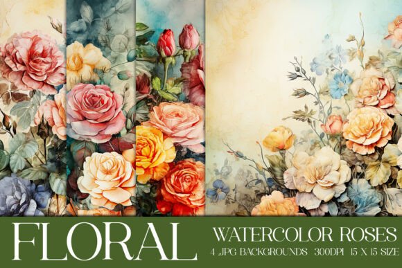 Watercolor Colorful Roses Backgrounds: A Vintage Design Toolkit